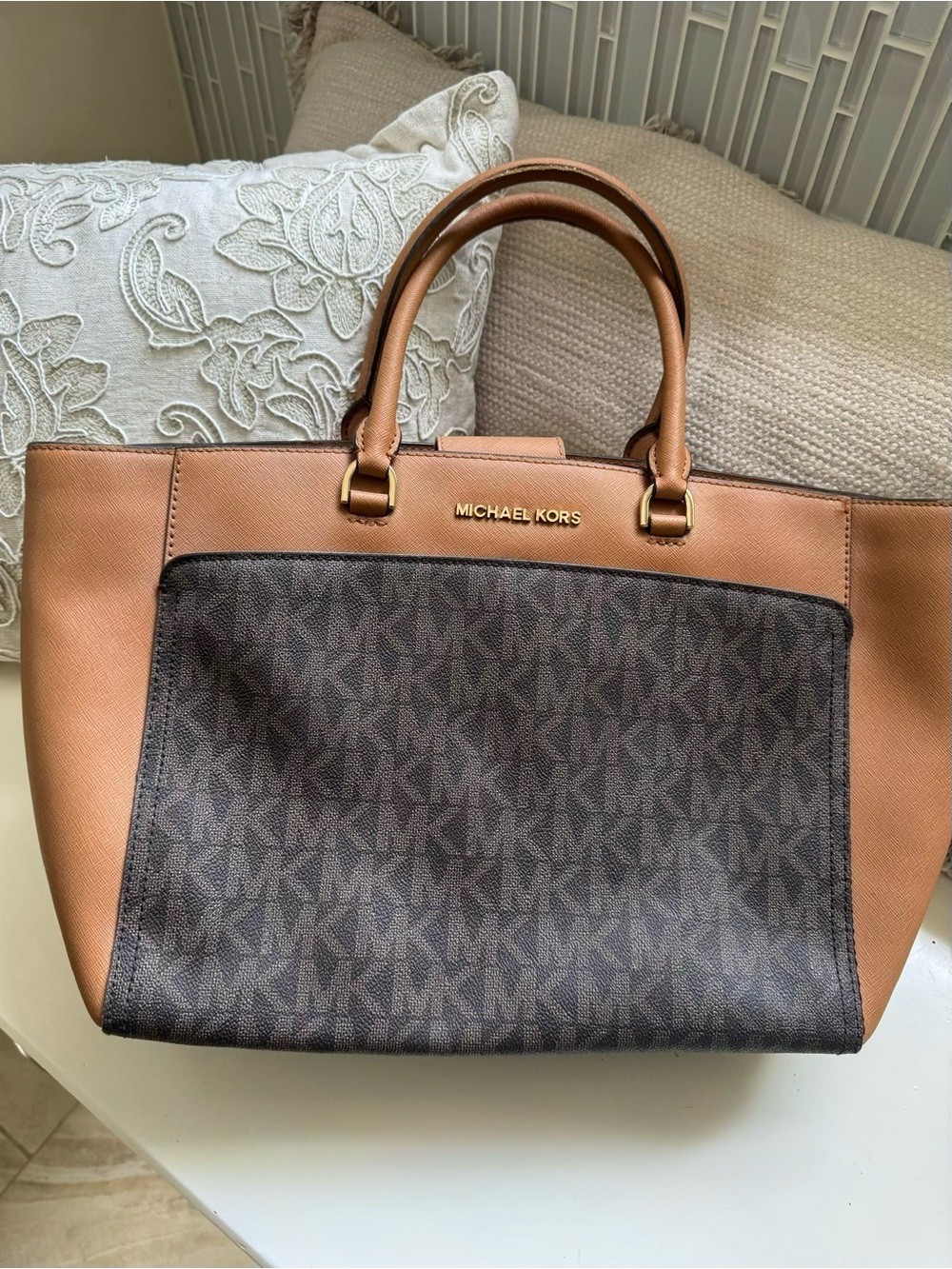 Michael Kors Brown and Tan MK Logo Tote